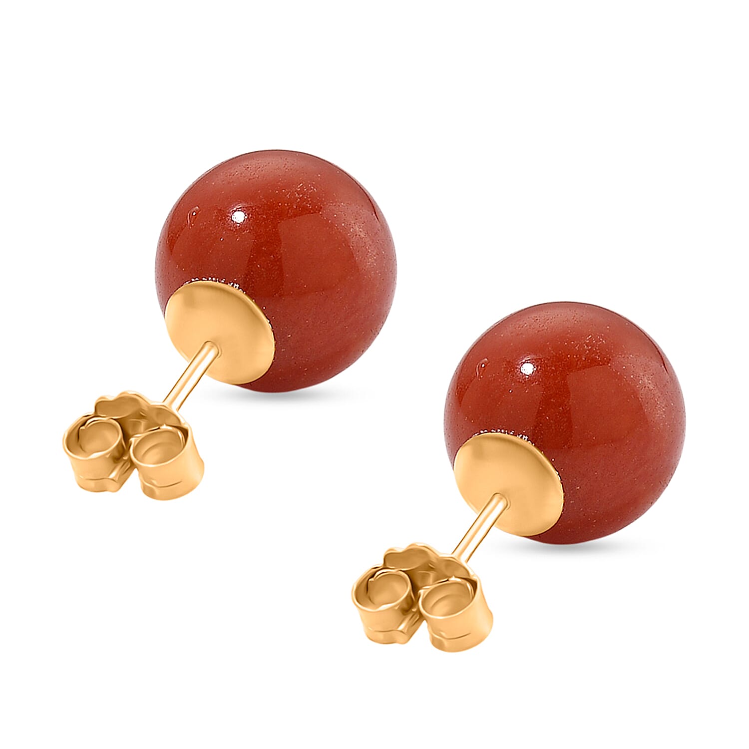 Enhanced Red Jade Bead Stud Earring with Push Back in Yellow Gold Plated Sterling Silver 15.00 Ct.