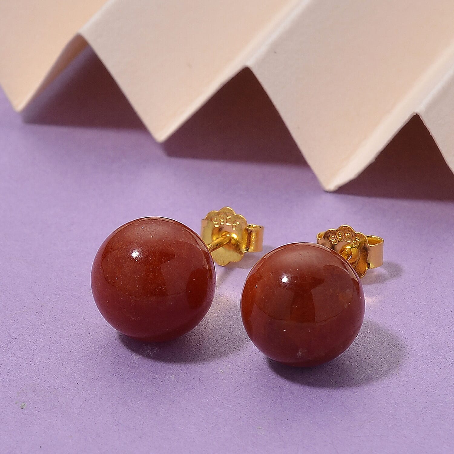 Enhanced Red Jade Earring with Push Back in Yellow Gold Plated Sterling Silver 15.00 Ct.