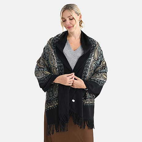 Super Soft Cashew Nut Embroidery Scarf (Size 180 x 70 cm) - Black