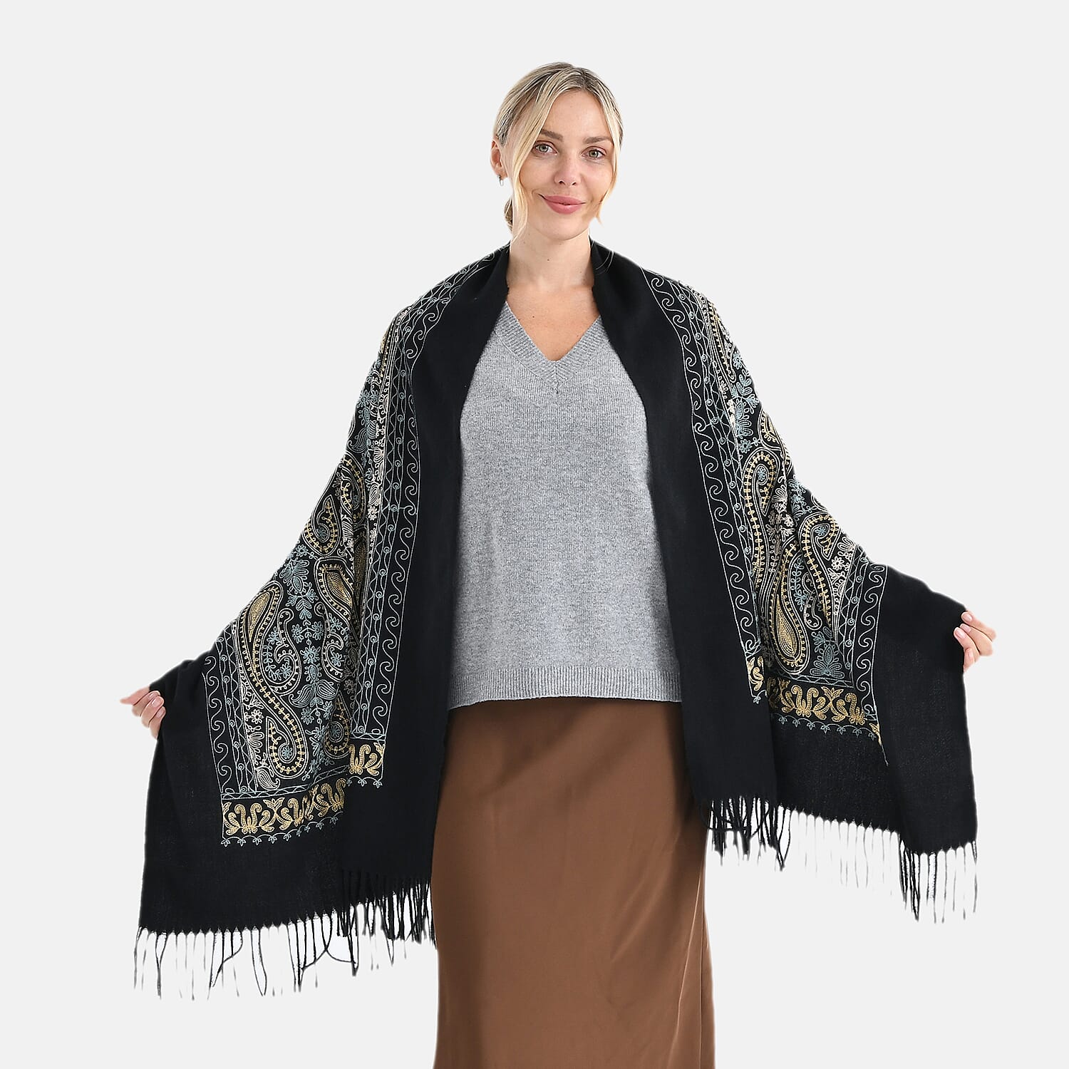 Super Soft Cashew Nut Embroidery Scarf (Size 180 x 70 cm) - Black