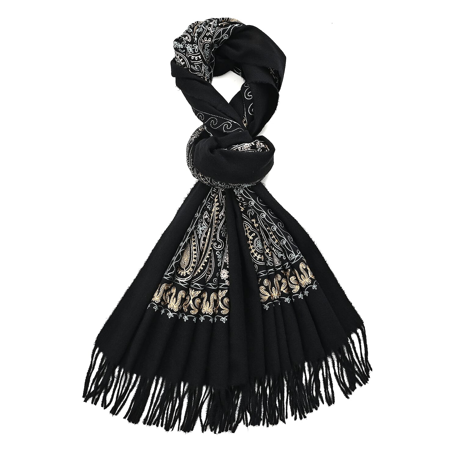 Super Soft Cashew Nut Embroidery Scarf (Size 180 x 70 cm) - Black