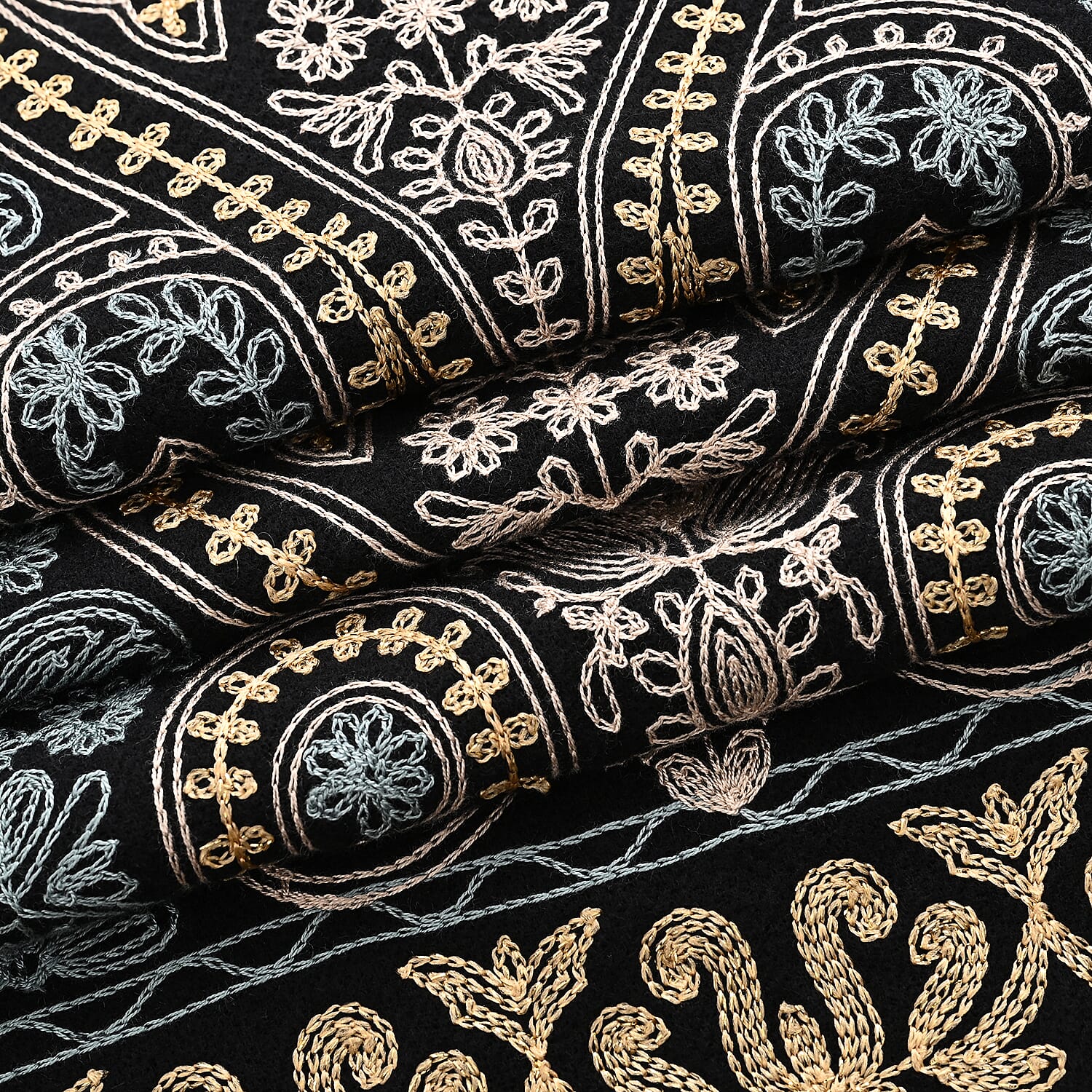 Super Soft Cashew Nut Embroidery Scarf (Size 180 x 70 cm) - Black