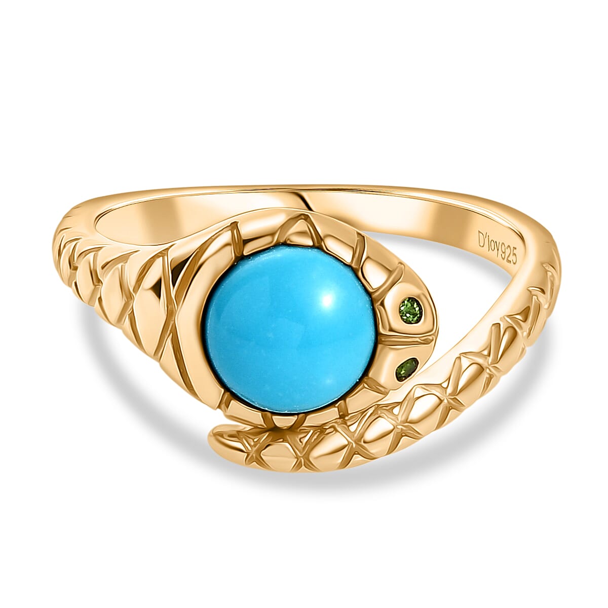 D'Joy Sleeping Beauty Turquoise & Natural Chrome Diopside Snake Ring in 18K Yellow Gold Plating Sterling Silver 1.14 Ct.