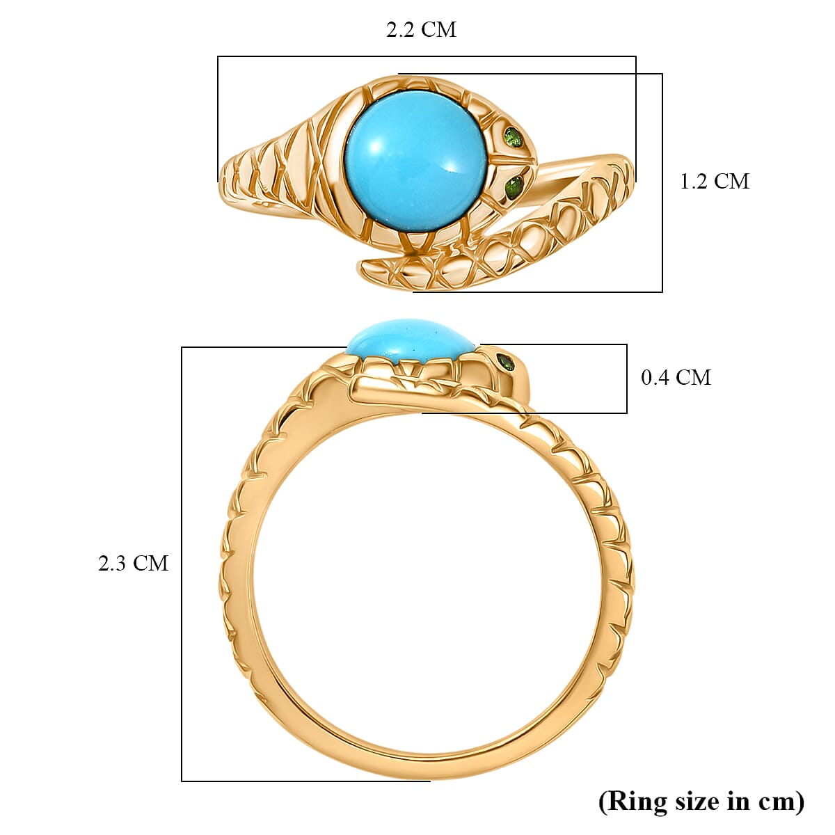 D'Joy Sleeping Beauty Turquoise & Natural Chrome Diopside Snake Ring in 18K Yellow Gold Plating Sterling Silver 1.14 Ct.