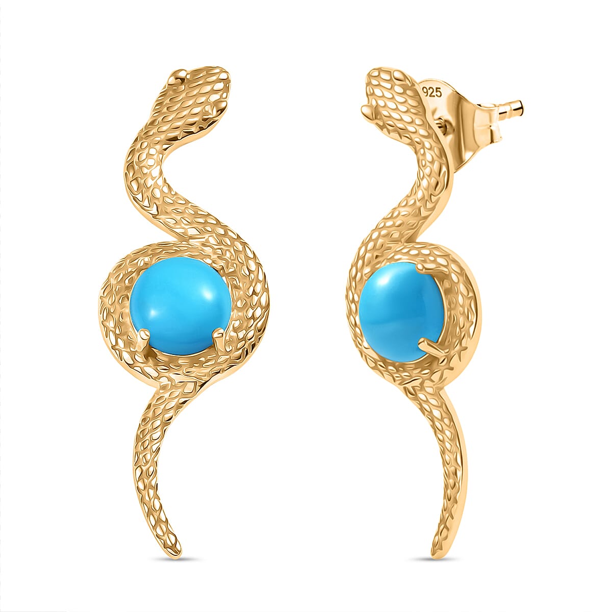 D'Joy Sleeping Beauty Turquoise Living Creature Earring with Push Back in 18K Yellow Gold Plating Sterling Silver 2.20 Ct.