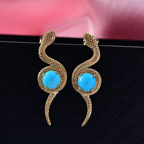 D'Joy Sleeping Beauty Turquoise Living Creature Earring with Push Back in 18K Yellow Gold Plating Sterling Silver 2.20 Ct.