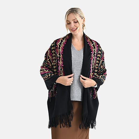 Super Soft Heart Embroidery Scarf (Size 180 x 70 cm) - Black