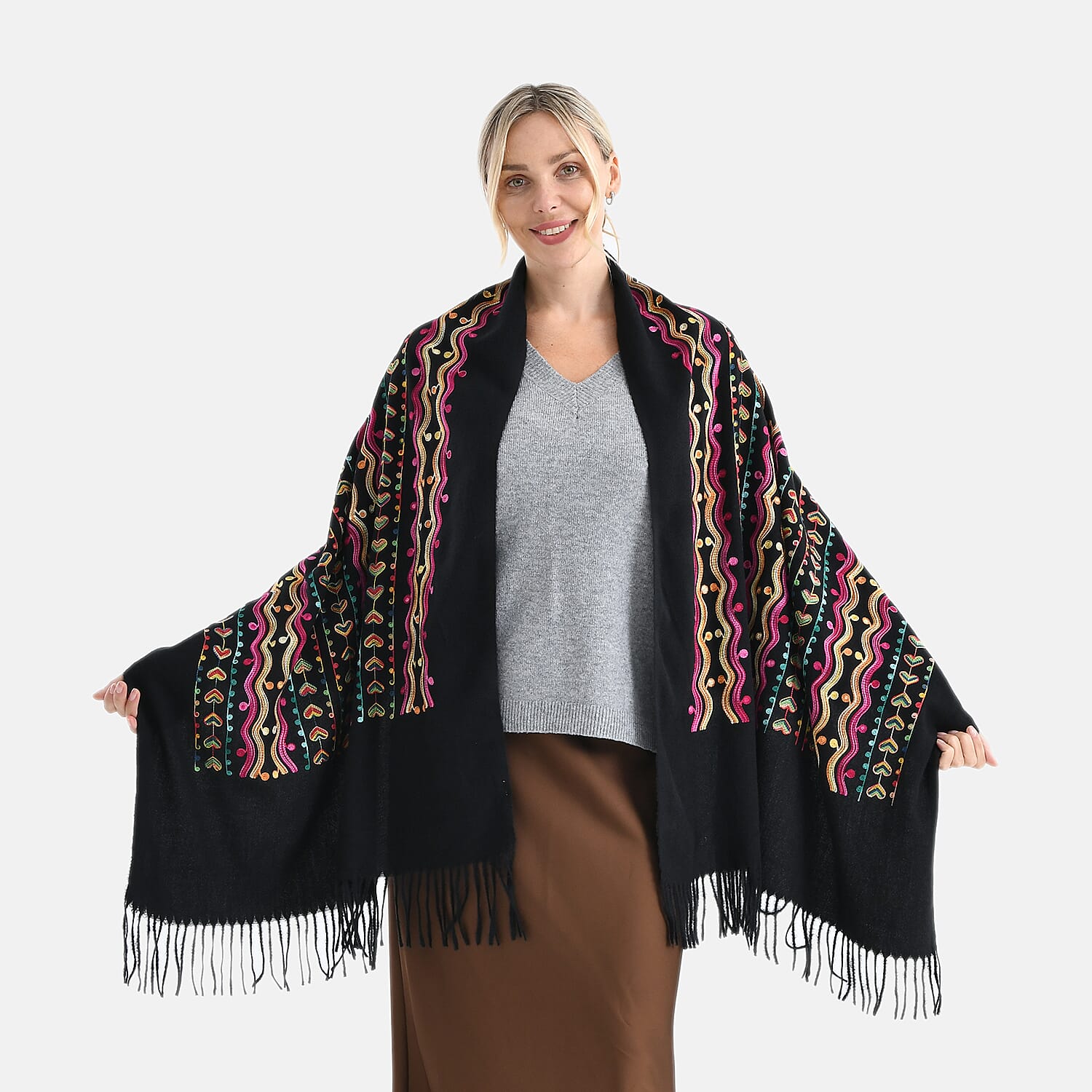 Super Soft Heart Embroidery Scarf (Size 180 x 70 cm) - Black