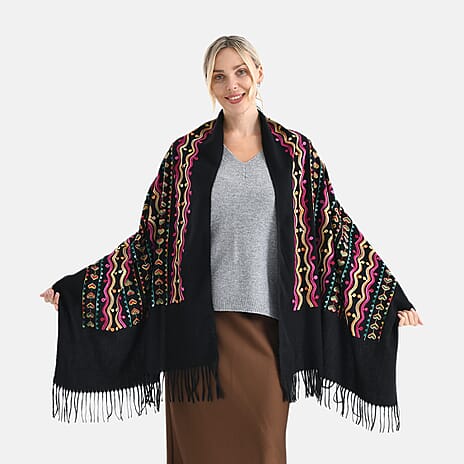 Super Soft Heart Embroidery Scarf (Size 180 x 70 cm) - Black
