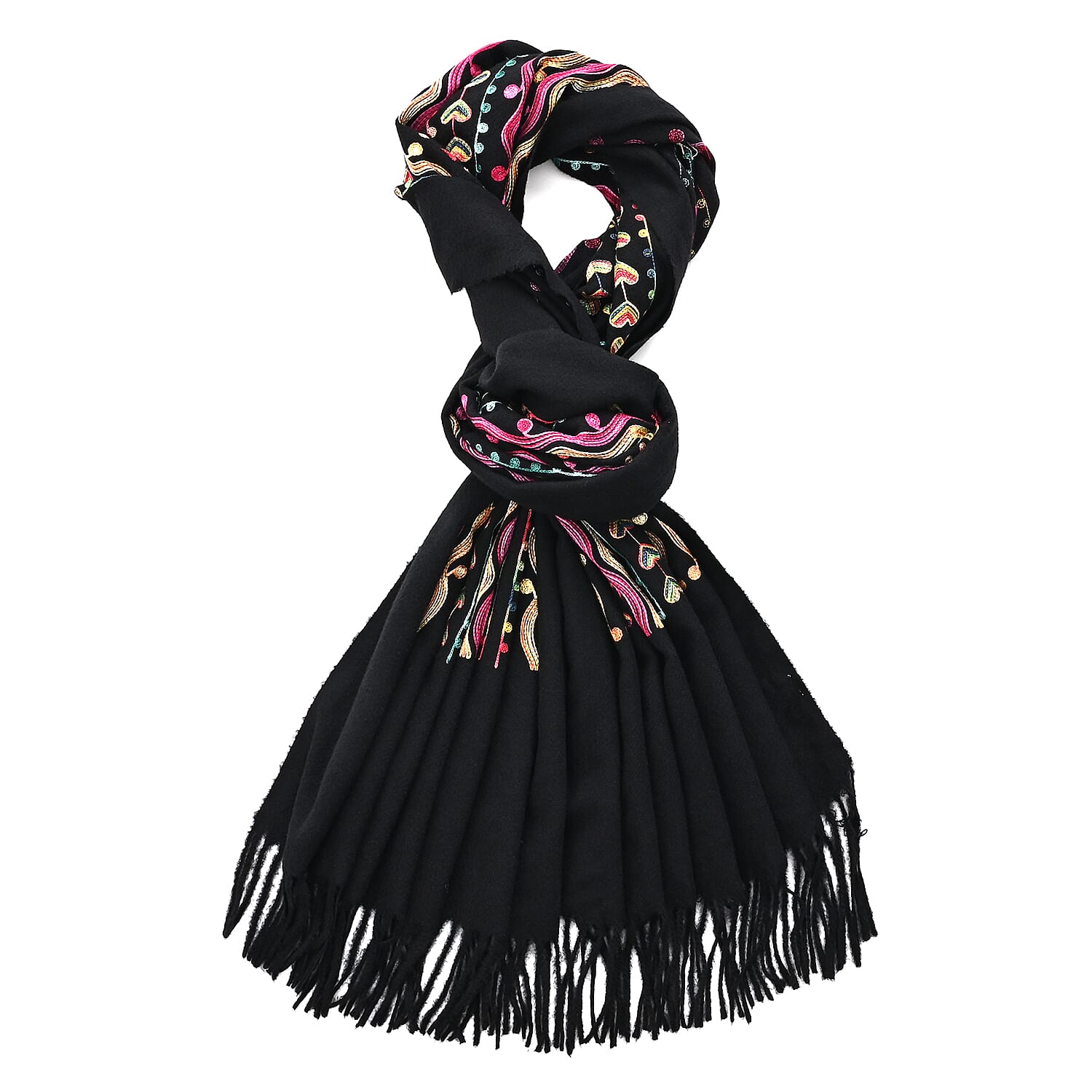 Super Soft Heart Embroidery Scarf (Size 180 x 70 cm) - Black