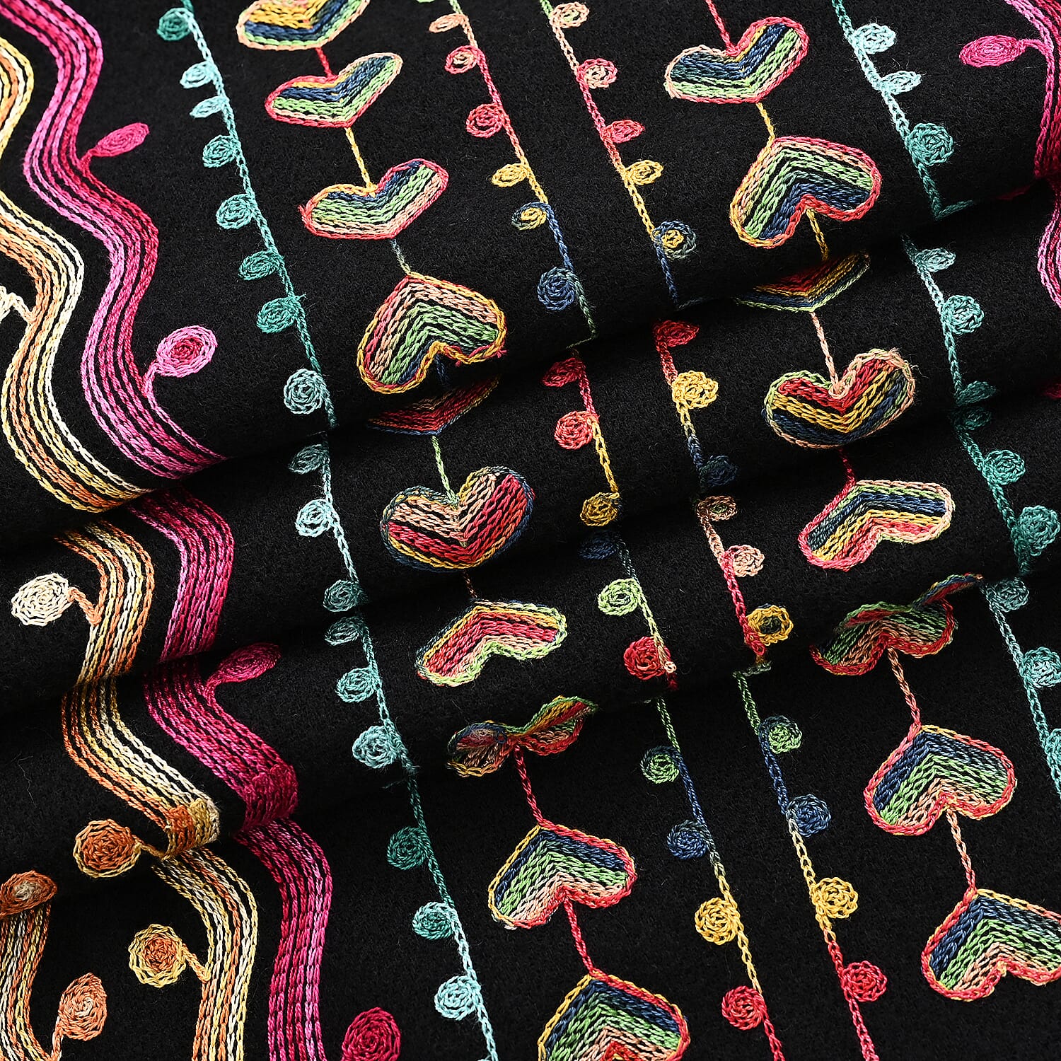 Super Soft Heart Embroidery Scarf (Size 180 x 70 cm) - Black