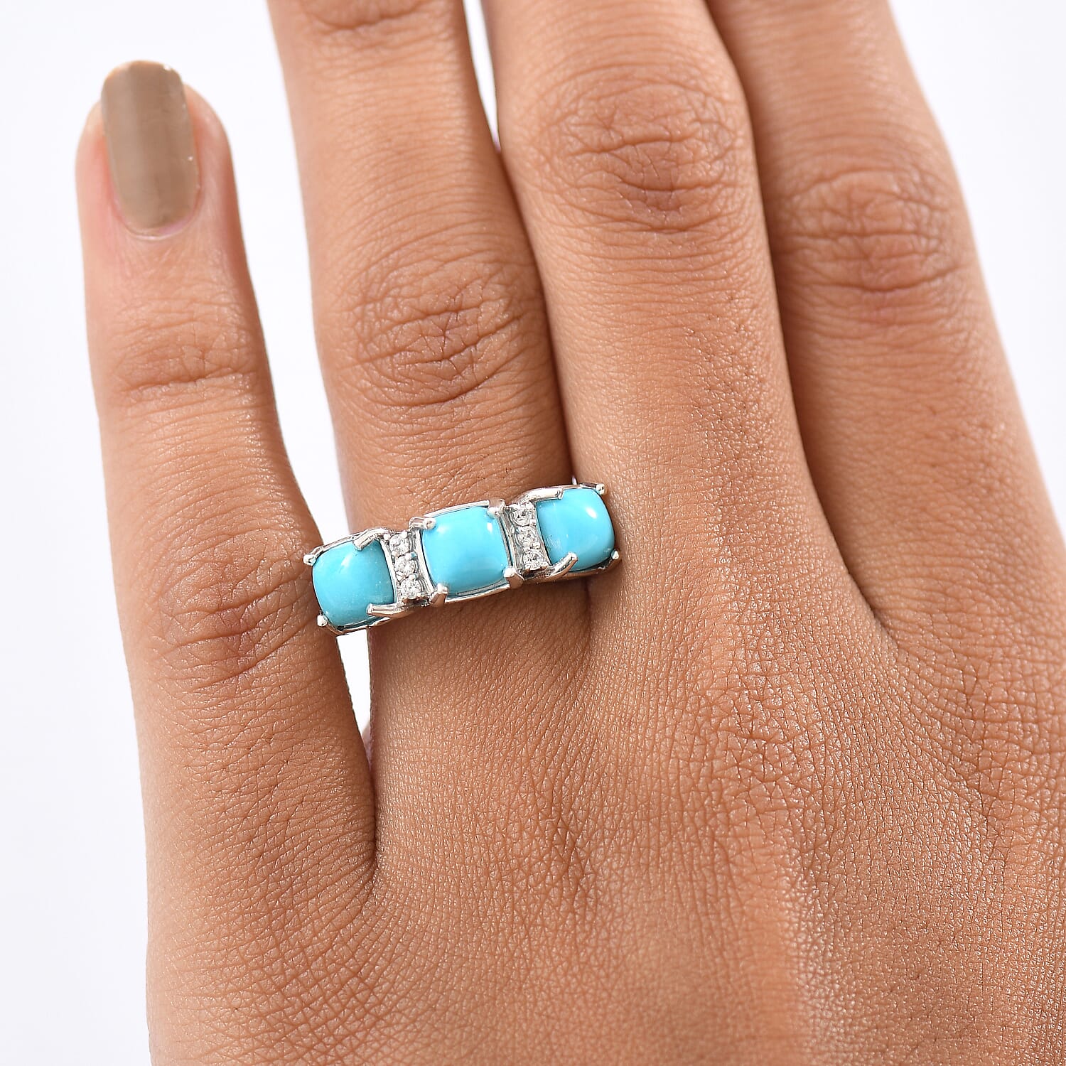 D'Joy Sleeping Beauty Turquoise & White Zircon Ring in Platinum Overlay Sterling Silver 2.91 Ct.