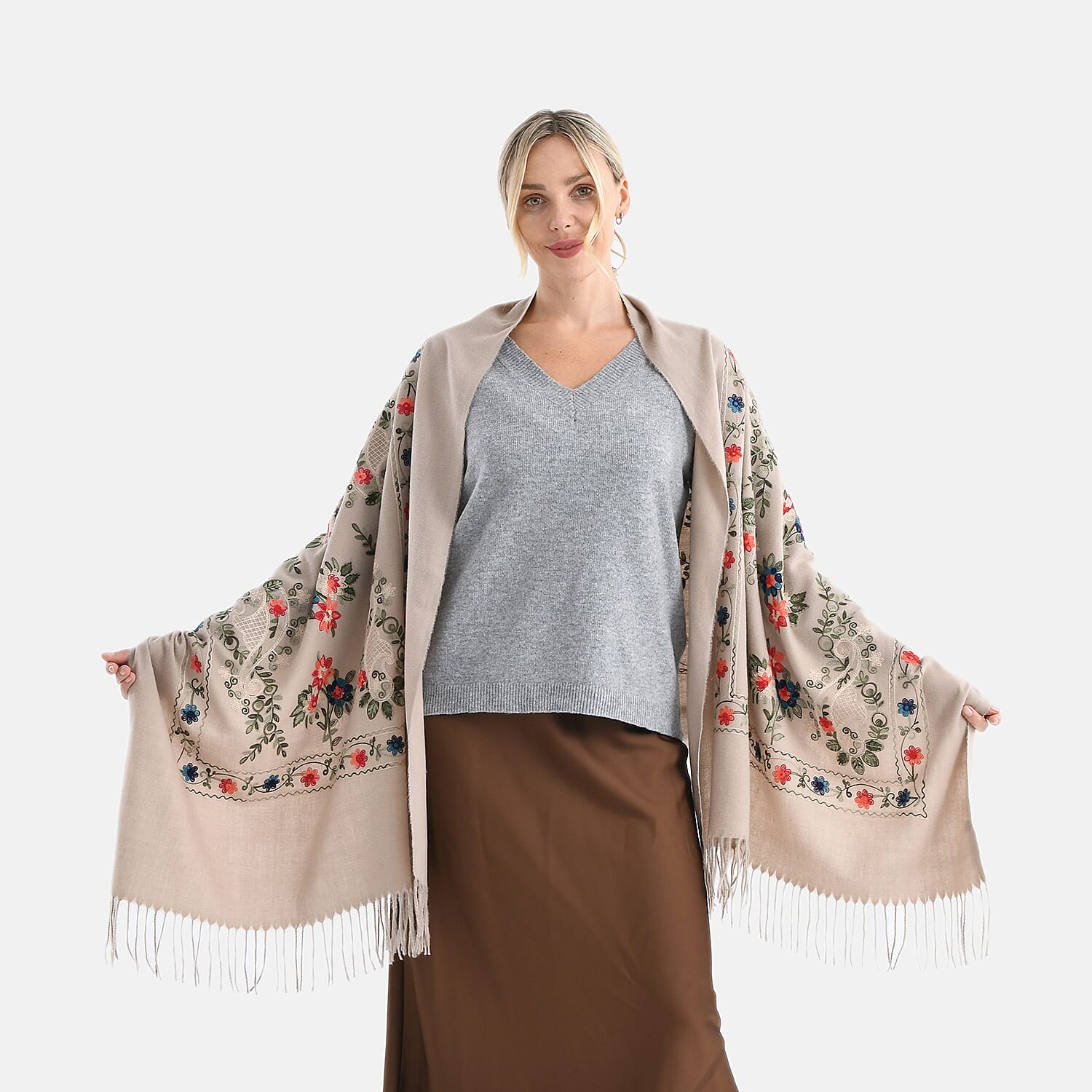 Super Soft Floral Embroidery Scarf (Size 180 x 70 cm) - Brown