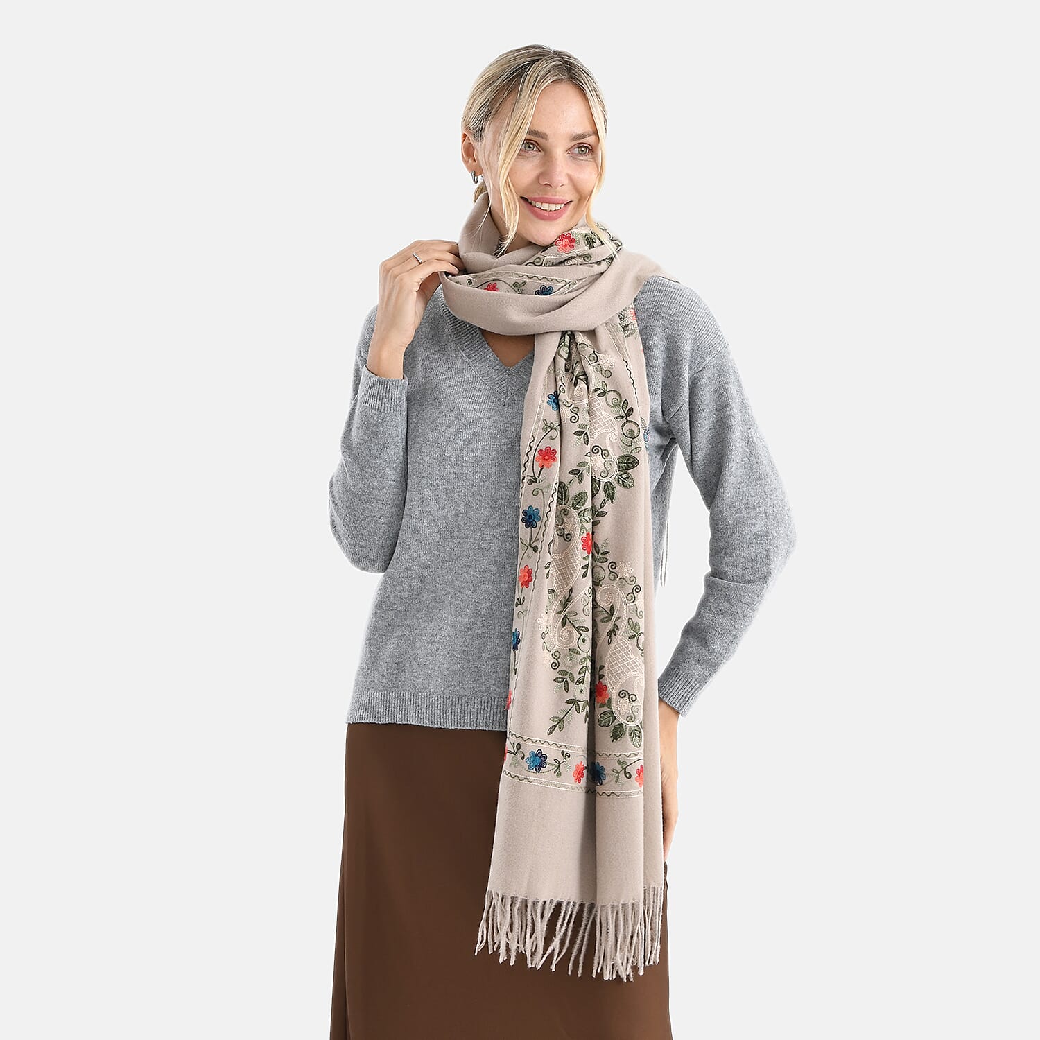 Super Soft Floral Embroidery Scarf (Size 180 x 70 cm) - Brown