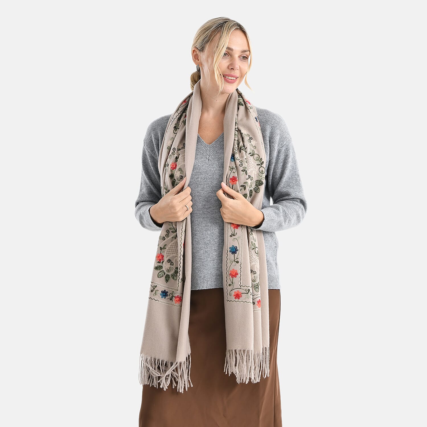 Super Soft Floral Embroidery Scarf (Size 180 x 70 cm) - Brown