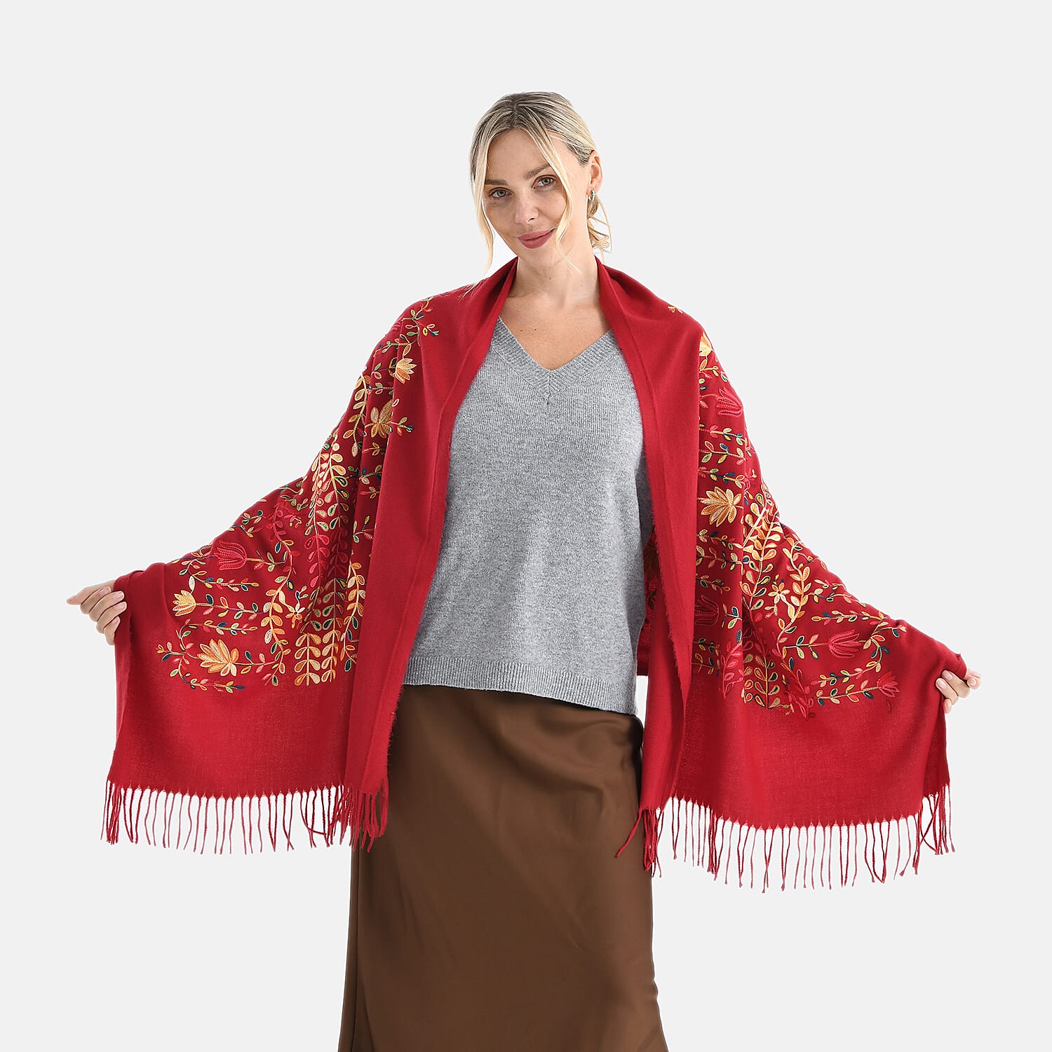 Super Soft Floral Embroidery Scarf (Size 180 x 70 cm) - Burgundy