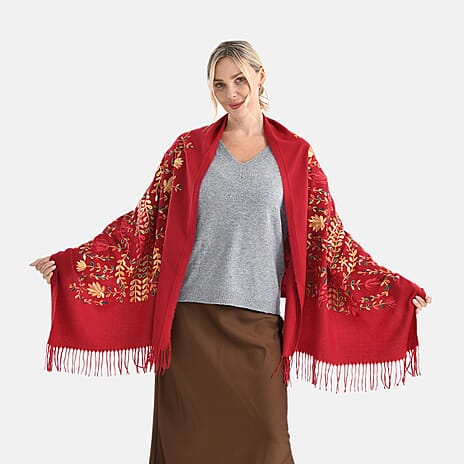 Super Soft Floral Embroidery Scarf (Size 180 x 70 cm) - Burgundy