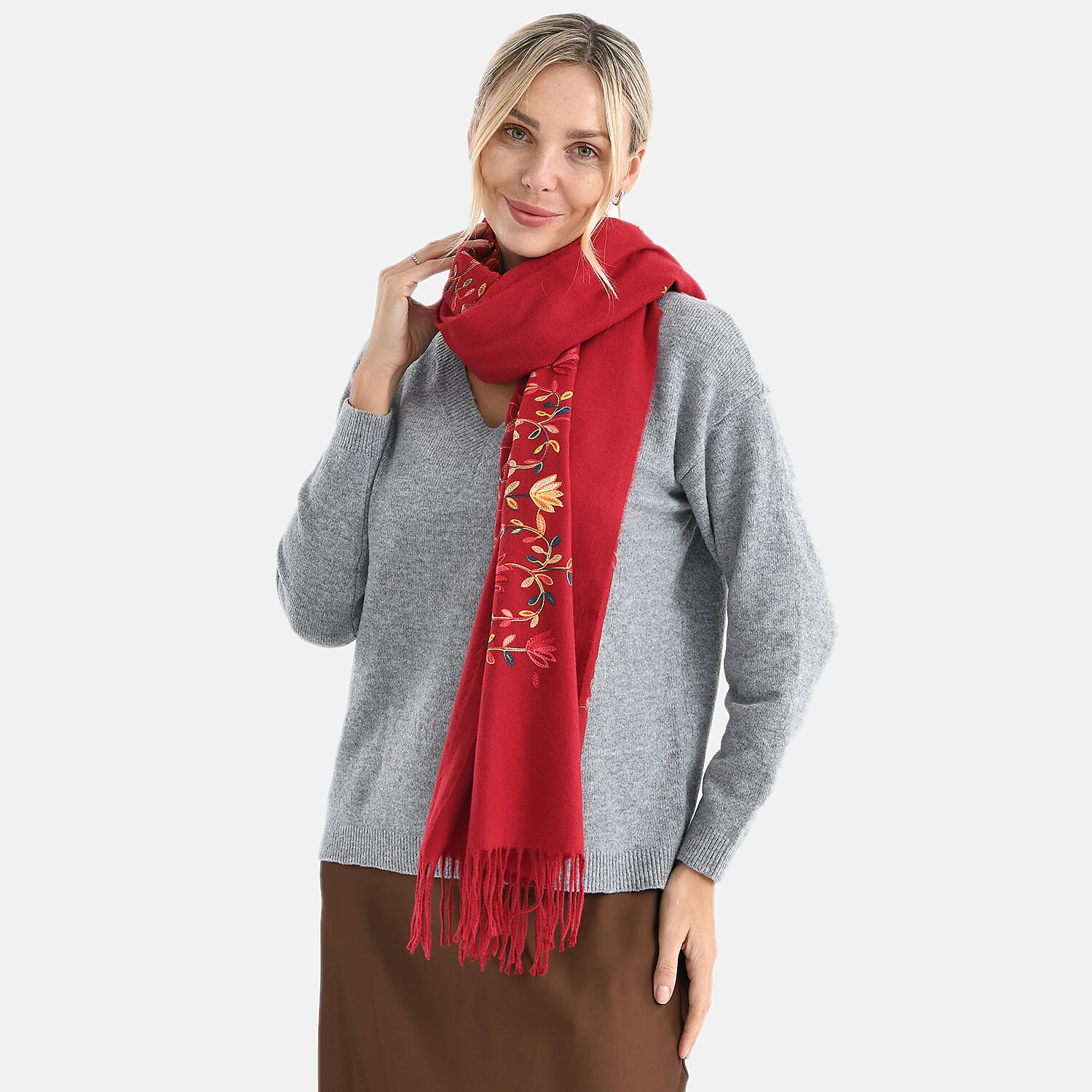 Super Soft Floral Embroidery Scarf (Size 180 x 70 cm) - Burgundy