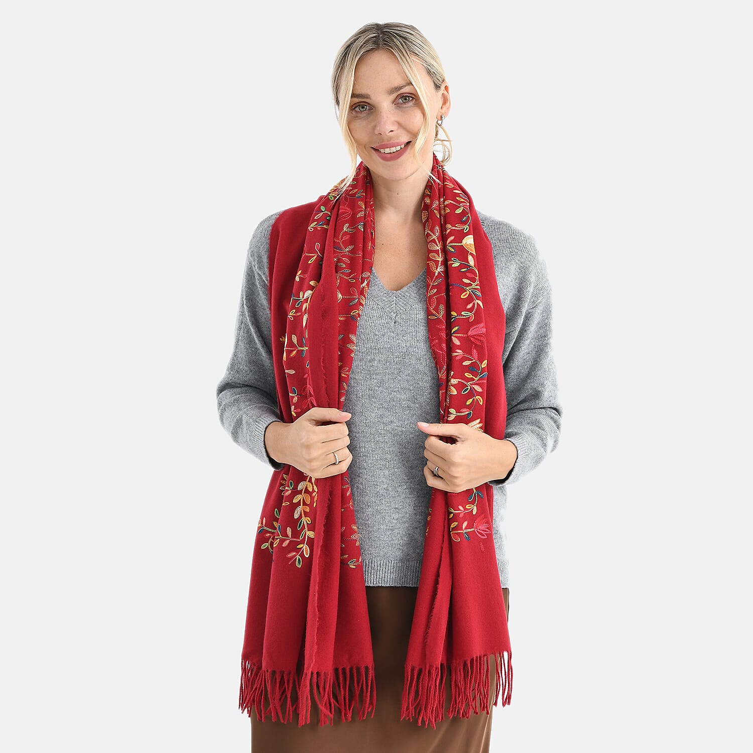 Super Soft Floral Embroidery Scarf (Size 180 x 70 cm) - Burgundy