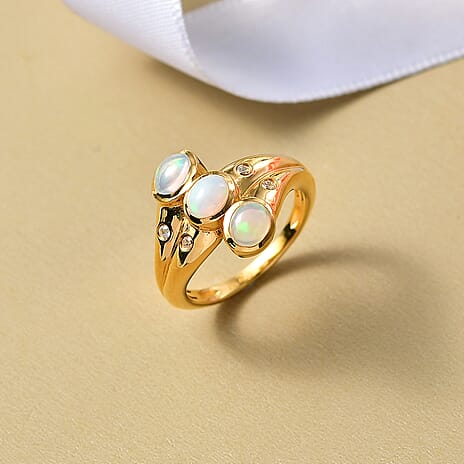 D'Joy Ethiopian Opal, White Zircon 3 Stone Ring in 18K YG VermeilSterling Silver  0.770  Ct.