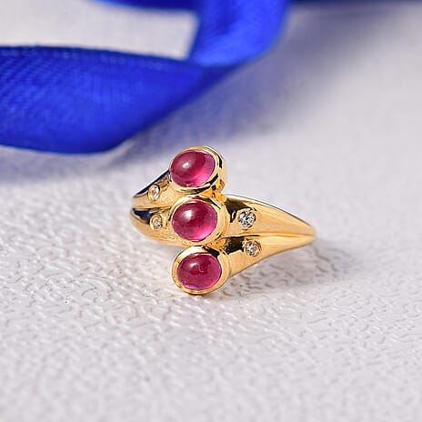 D'Joy African Ruby, White Zircon 3 Stone Ring in 18K YG VermeilSterling Silver  1.969  Ct.