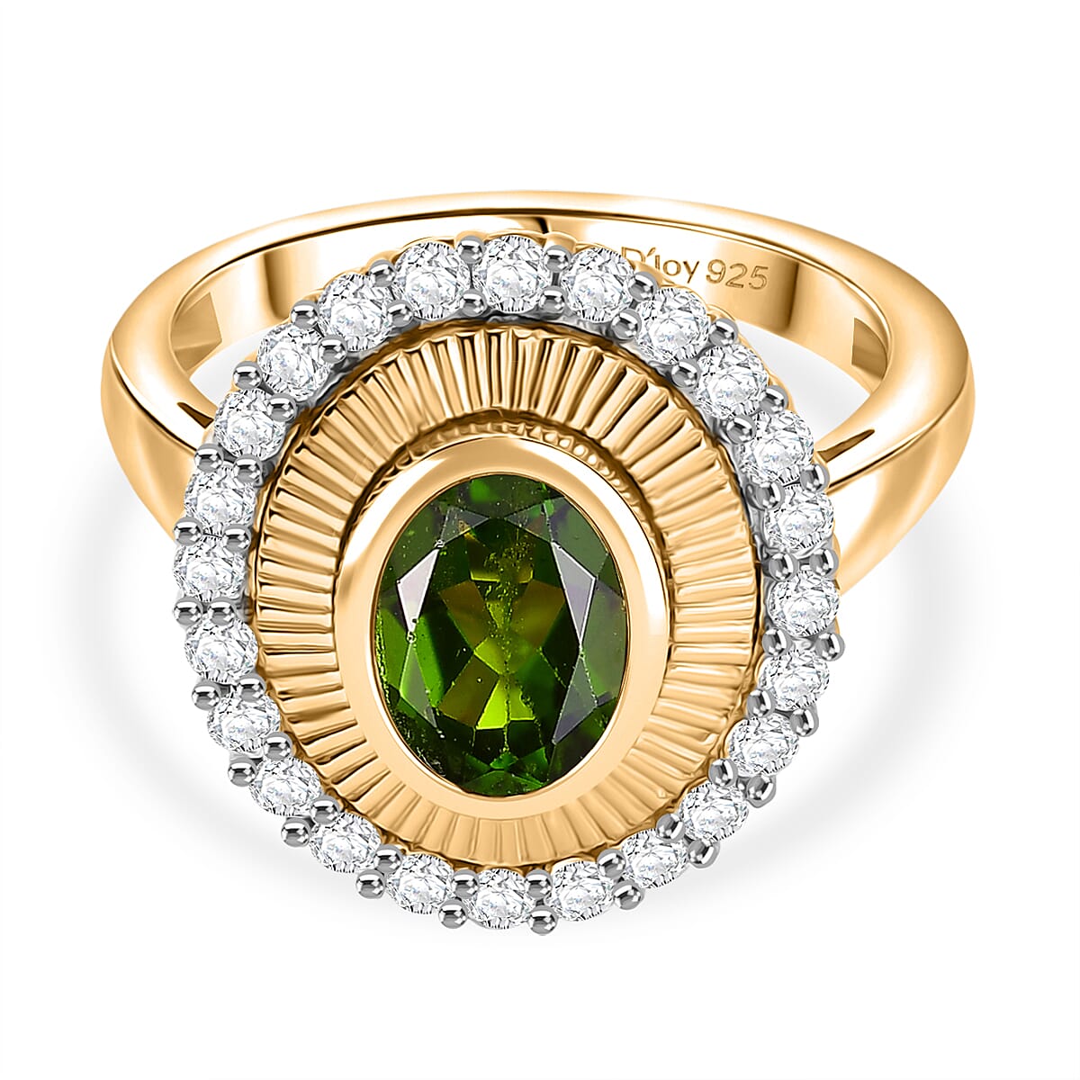 D'Joy Natural Chrome Diopside & White Zircon Ring in 18K Vermeil Yellow Gold Plated Sterling Silver 2.12 Ct.