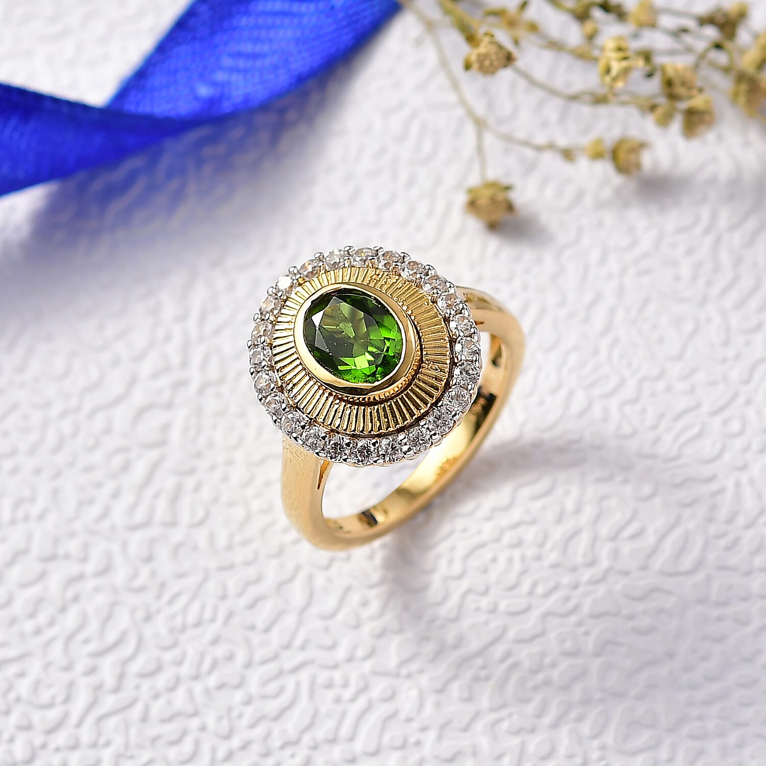 D'Joy Natural Chrome Diopside & White Zircon Ring in 18K Vermeil Yellow Gold Plated Sterling Silver 2.12 Ct.