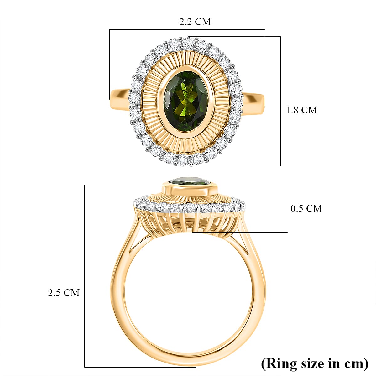 D'Joy Natural Chrome Diopside & White Zircon Ring in 18K Vermeil Yellow Gold Plated Sterling Silver 2.12 Ct.
