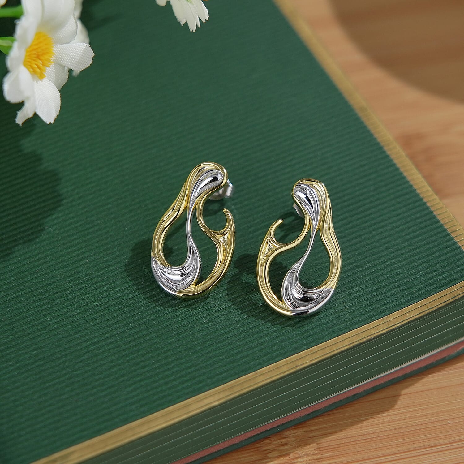 Lucy Q-Flame Collection Sterling Silver Sculptural Earring with Push Back in Two Tone Plated, Silver Wt. 6.00 Gms.