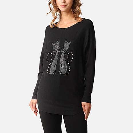QED Cat Embellished Jumper (Size L-XL) - Black