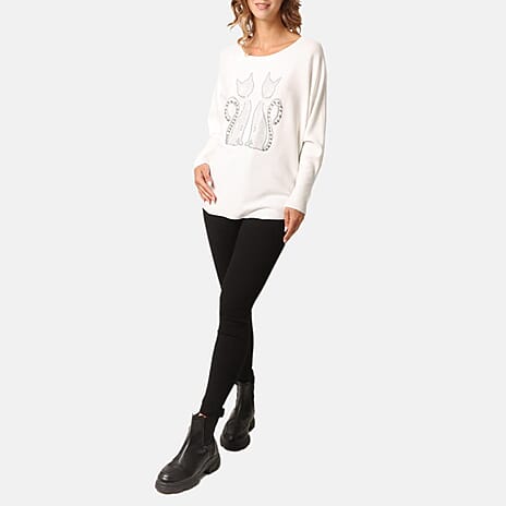 QED Cat Embellished Jumper (Size L-XL) - Ivory