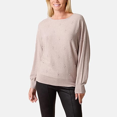 QED Pearl Floral Embellishment Jumper (Size M-L) - Mocha