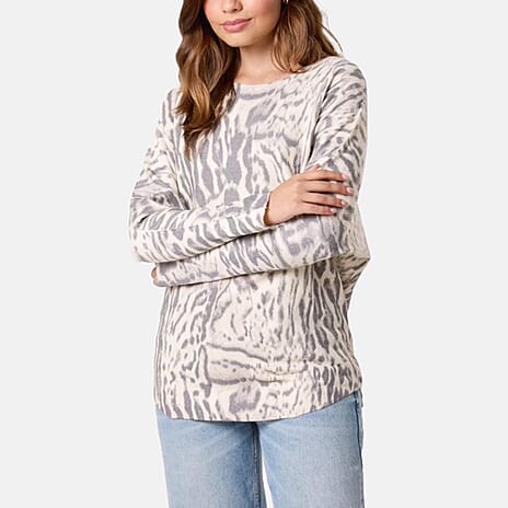 QED Animal Print Long Sleeve Jumper (Size S-M) - Stone