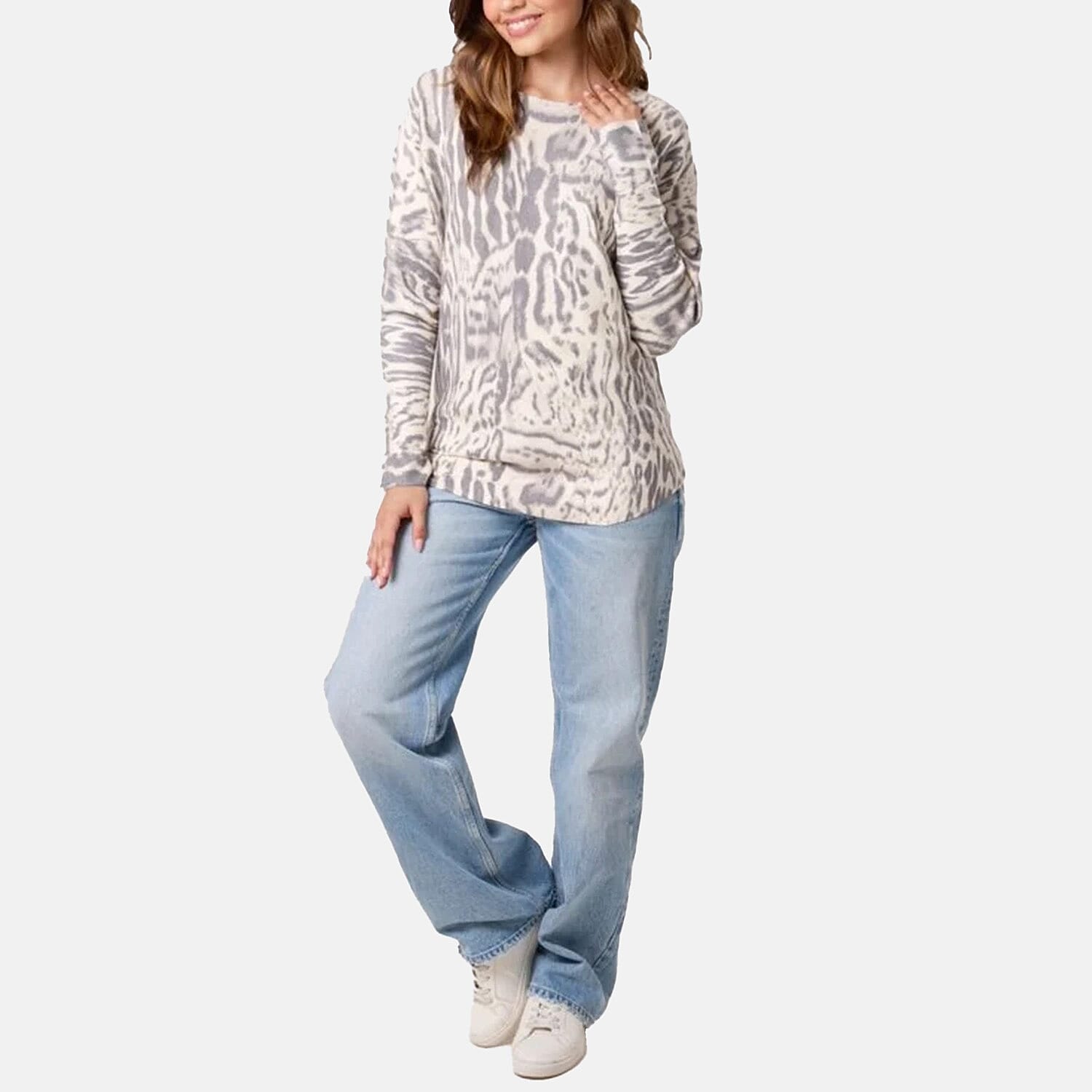 QED Animal Print Long Sleeve Jumper (Size S-M) - Stone