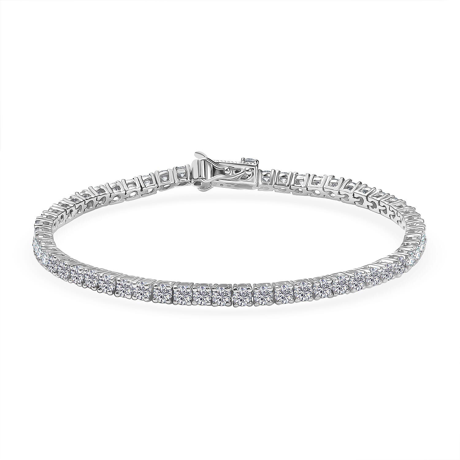 NY Close Out Deal - D'Joy Moissanite Cluster Bracelet (Size 8) with GB Lock Box in Rhodium Overlay Sterling Silver 6.15 Ct, Silver Wt. 10.96 Gms.