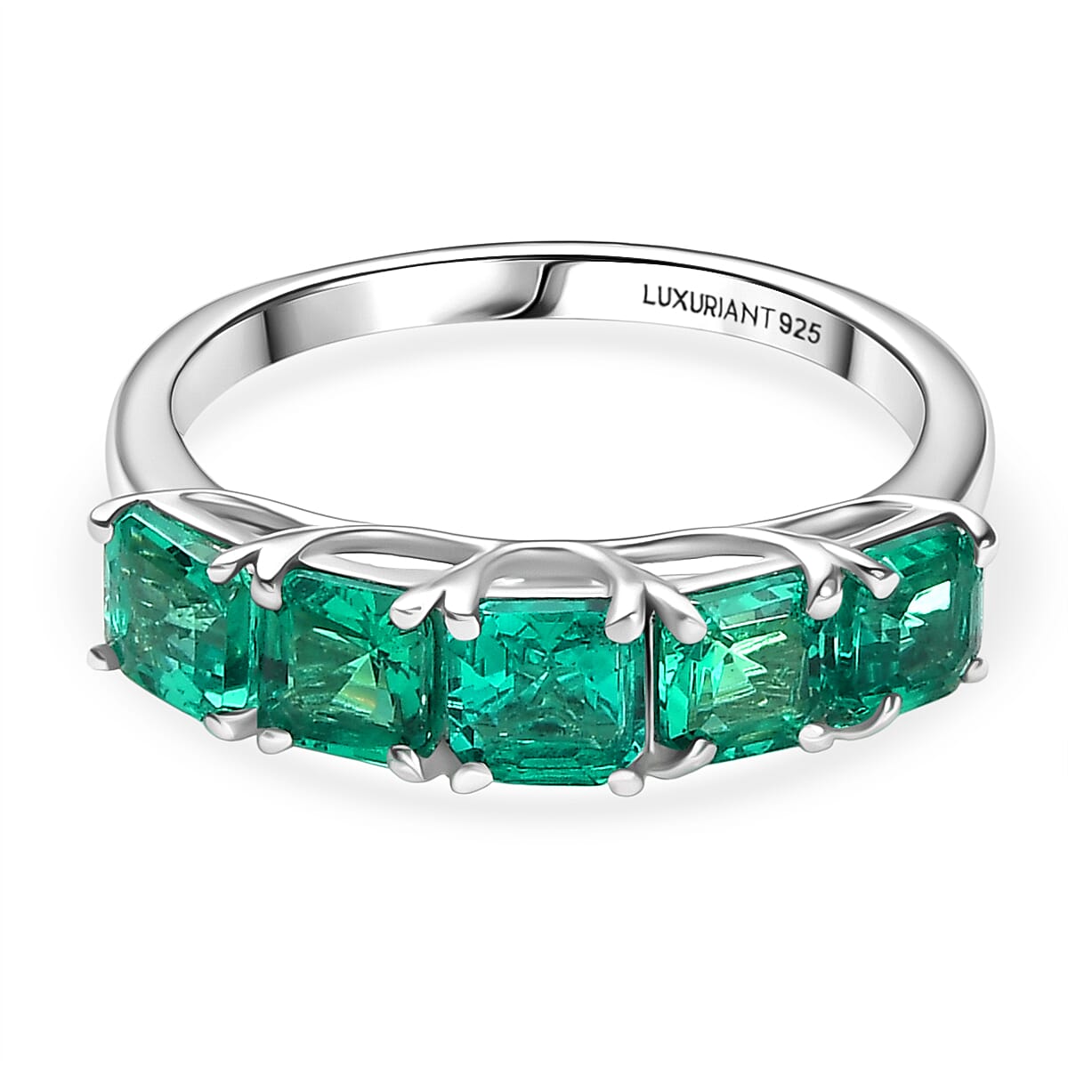 Luxuriant Lab Grown Columbian Emerald 5 Stone Ring in Rhodium Overlay Sterling Silver 1.51 Ct.