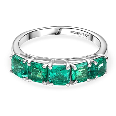 Luxuriant Lab Grown Columbian Emerald 5 Stone Ring in Rhodium Overlay Sterling Silver 1.51 Ct.