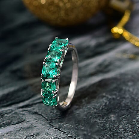 Luxuriant Lab Grown Colombian Emerald 5 Stone Ring in Rhodium Overlay Sterling Silver 1.51 Ct.