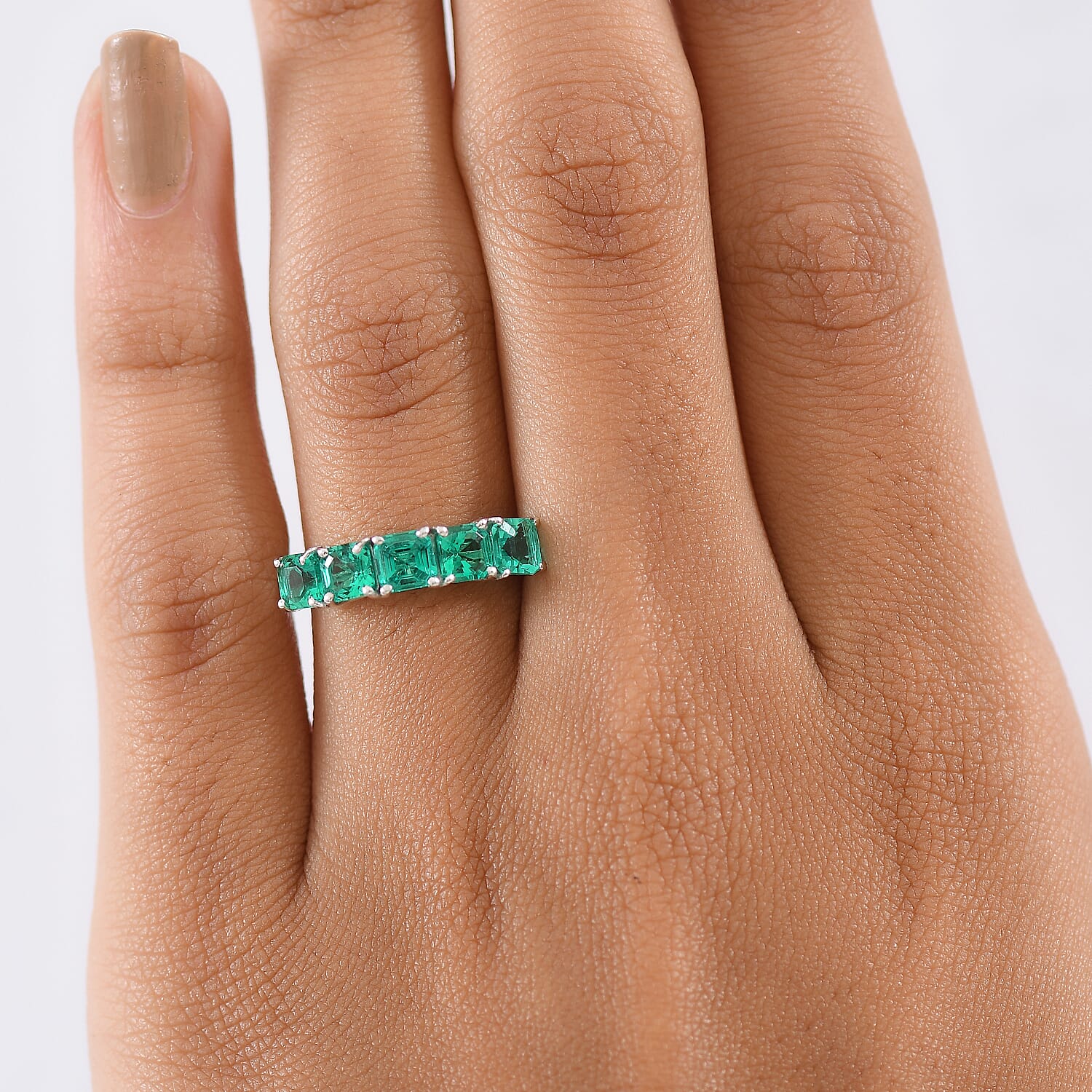 Luxuriant Lab Grown Columbian Emerald 5 Stone Ring in Rhodium Overlay Sterling Silver 1.51 Ct.
