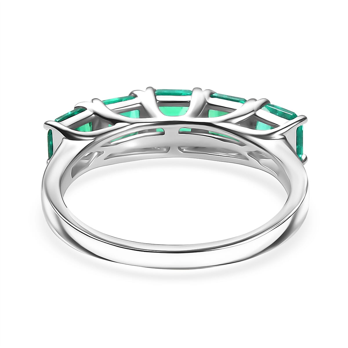 Luxuriant Lab Grown Columbian Emerald 5 Stone Ring in Rhodium Overlay Sterling Silver 1.51 Ct.