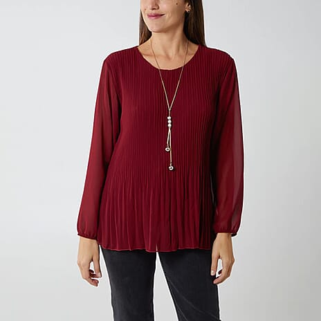 Chilli Charm Pleated Long Sleeve Necklace Top (One Size 8 - 18) - Wine