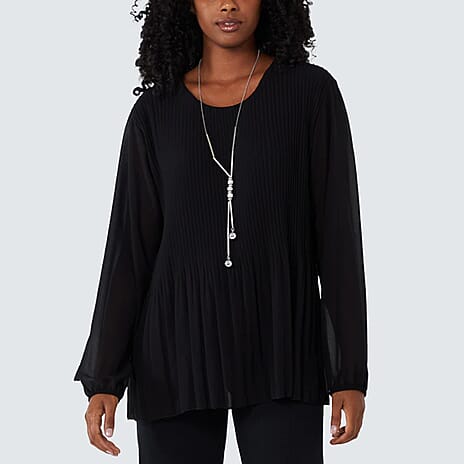 Chilli Charm Pleated Long Sleeve Necklace Top (One Size 8 - 18) - Black