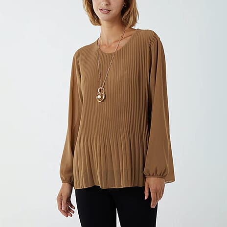 Chilli Charm Pleated Long Sleeve Necklace Top (One Size 8 - 18) - Camel