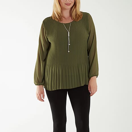 Chilli Charm Pleated Top with Necklace (One Size) - Khaki