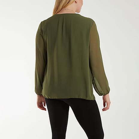 Chilli Charm Pleated Top with Necklace (One Size) - Khaki