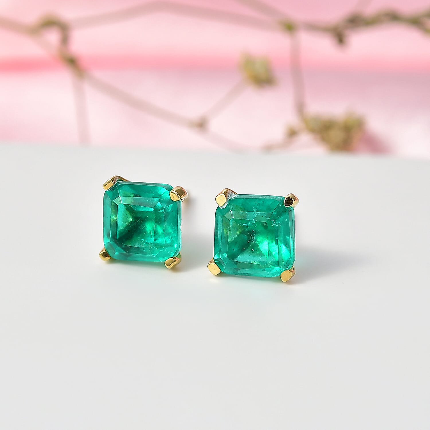 Emerald Triplet Quartz Earring in 18K YG PlatingSterling Silver  3.448  Ct.
