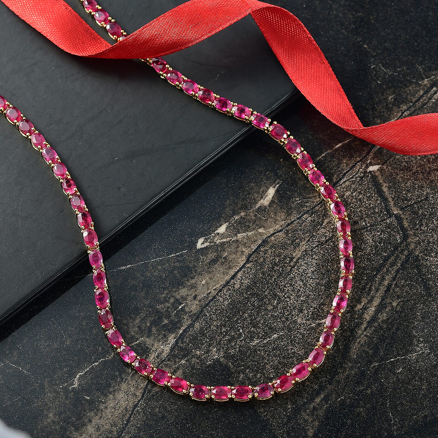 D'Joy African Ruby Necklace (Size 20) with GB Lock Box in 18K Vermeil Yellow Gold Plated Sterling Silver 54.72 Ct, Silver Wt. 24.50 Gms.