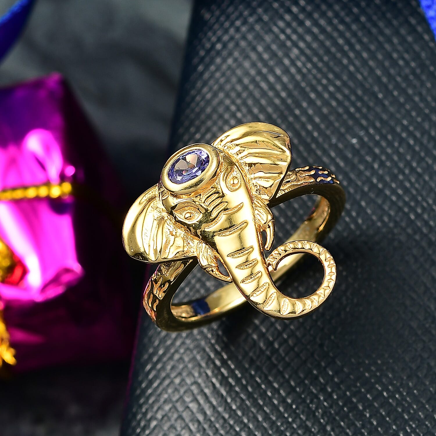 Tanzanite Elephant Head Ring in Yellow Gold Plated Sterling Silver 0.16 Ct.