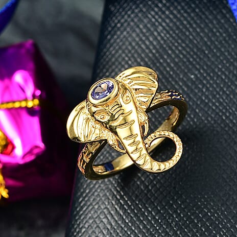 Tanzanite Elephant Head Ring in Yellow Gold Plated Sterling Silver