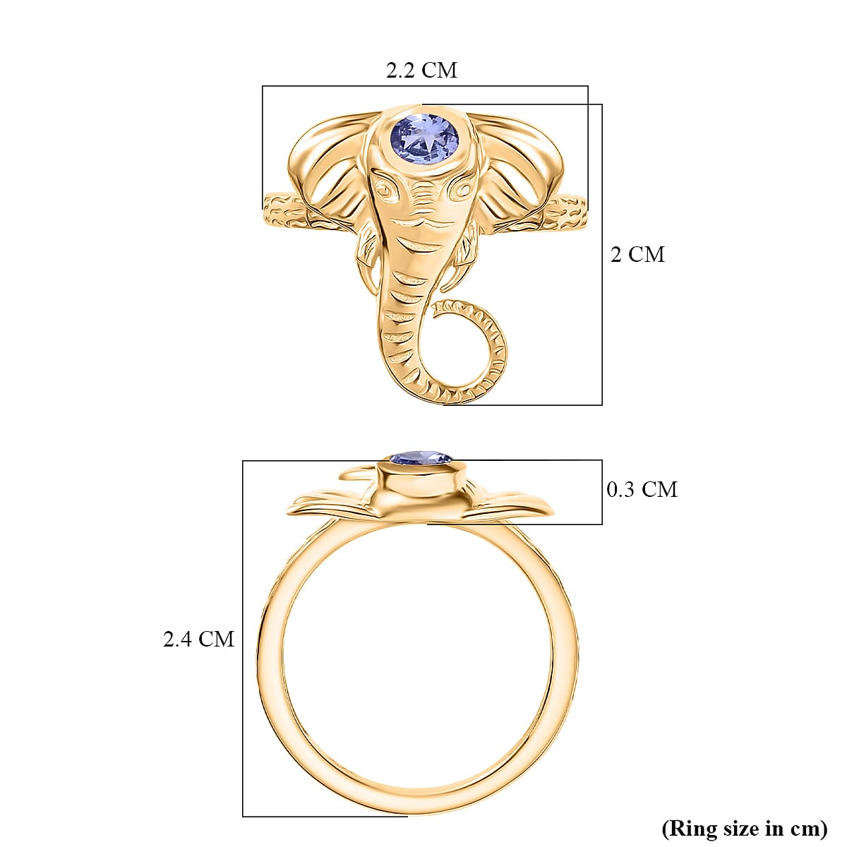 Tanzanite Elephant Head Ring in Yellow Gold Plated Sterling Silver 0.16 Ct.